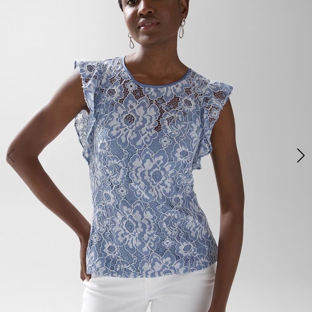 SOLD…NWOT…WHBM Chic Blue Blouse Lace with Elegant Ruffle Sleeves